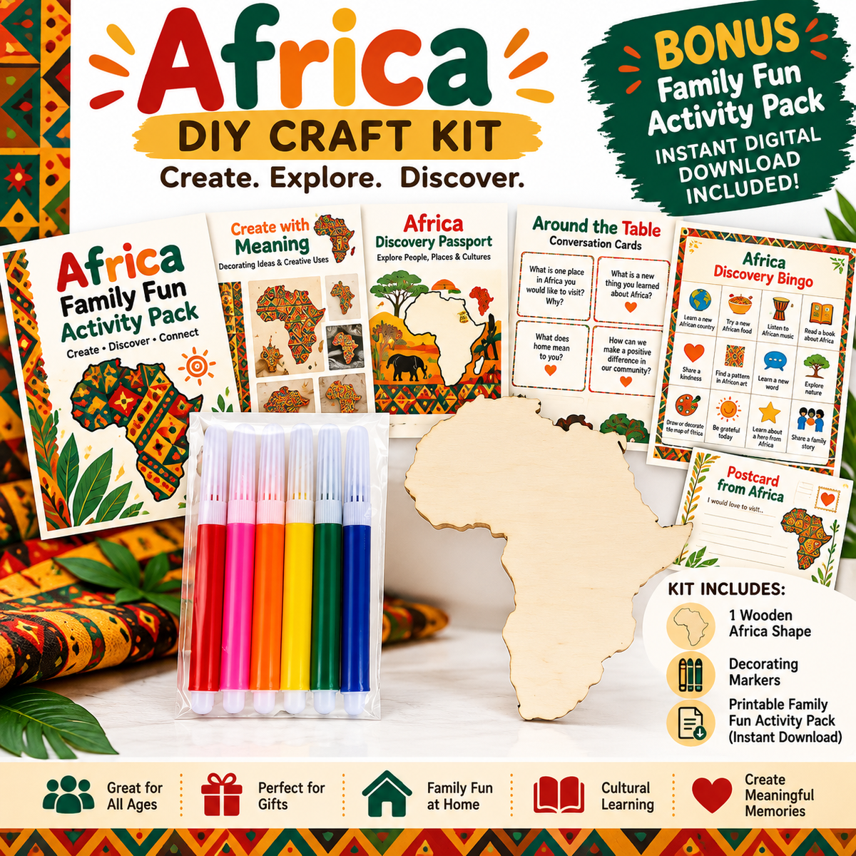 Africa DIY Craft Kit | African-Inspired Wooden Craft & Family Fun Activity Pack