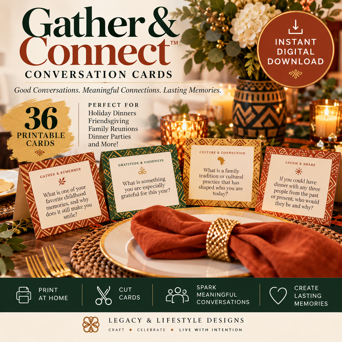 Gather & Connect™ Conversation Cards | Printable Dinner Party & Family Conversation Game