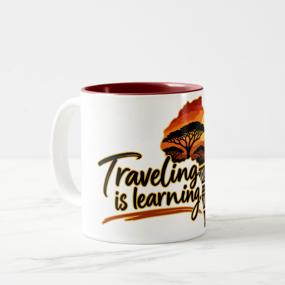 Traveling is Learning. Two-Tone Coffee Mug